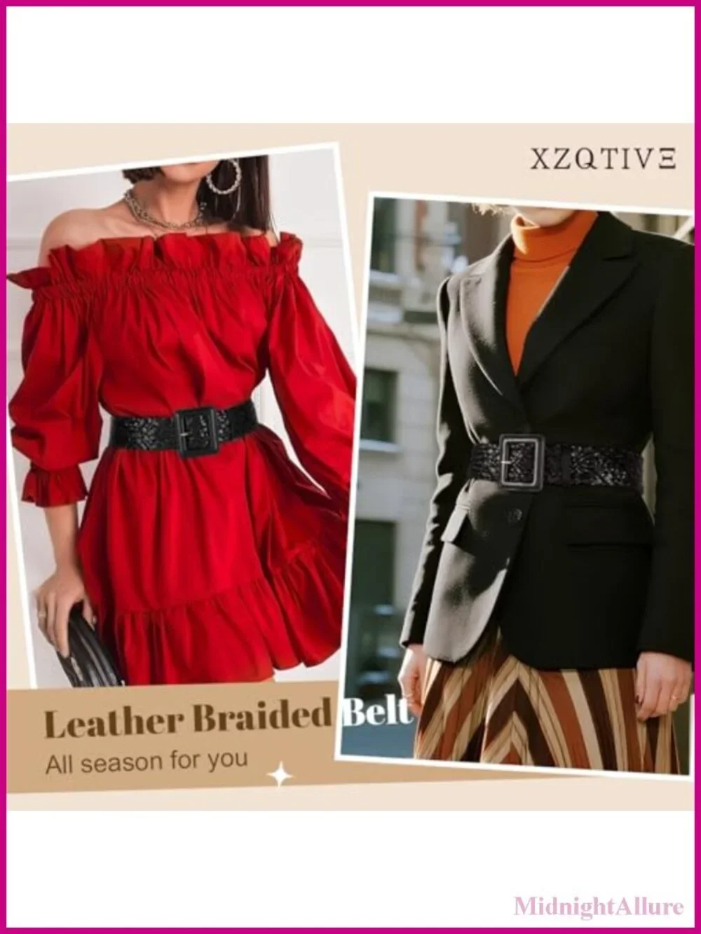 Wide Braided Leather Belt with Square Buckle, Adjustable Fit for Dresses